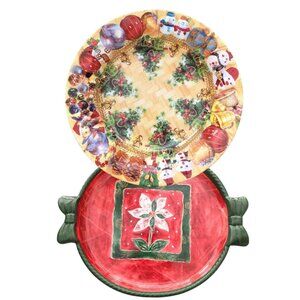 Vintage Christmas Bowl, Serving Tray, Holiday Poinsettia Plastic Set